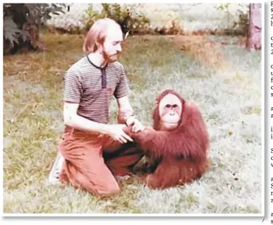  ?? / ?? Dick Haskin pals with an orangutan at his Zoo Nebraska, where worker (below) gets chimp named Ripley to smile for a banana. The zoo never made money and some animals were killed when they escaped.