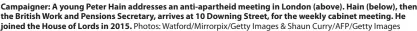  ?? Photos: Watford/mirrorpix/getty Images & Shaun Curry/afp/getty Images ?? Campaigner: A young Peter Hain addresses an anti-apartheid meeting in London (above). Hain (below), then the British Work and Pensions Secretary, arrives at 10 Downing Street, for the weekly cabinet meeting. He joined the House of Lords in 2015.
