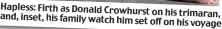  ??  ?? Hapless: Firth as Donald Crowhurst on his trimaran, and, inset, his family watch him set off on his voyage