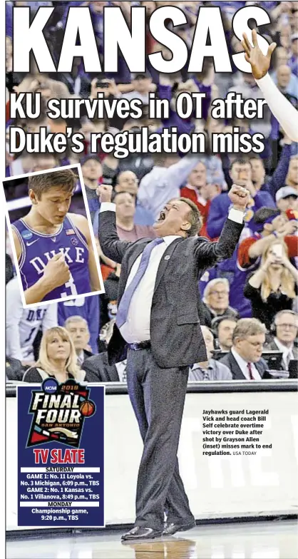  ?? USA TODAY ?? Jayhawks guard Lagerald Vick and head coach Bill Self celebrate overtime victory over Duke after shot by Grayson Allen (inset) misses mark to end regulation.