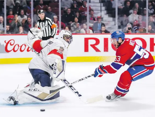  ?? JOHN MAHONEY ?? Victor Mete is stopped by Florida Panthers goalie Roberto Luongo on Friday in Montreal. The 19-year-old Mete may have played his way onto the Habs’ roster this year.