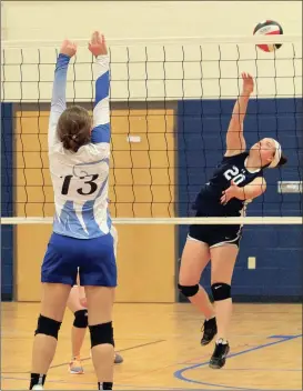  ??  ?? Oakwood Christian libero Kylie Hall sends a shot over the net during a conference tournament semifinal match in Collegedal­e last week. The Lady Eagles finished as runner-up for a third straight year. (Messenger photo/Scott Herpst)