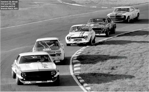  ??  ?? Gardner (4), Birrell (10) and Fitz (18) lead the pack at Brands Hatch, 1971