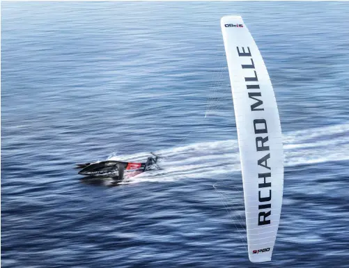  ?? PHOTO : COURTESY SP 80 ?? The Swiss-based SP80 speed project aims to reach 80 knots with a kite pulling its surface-skimming trimaran. A subsurface superventi­lating foil counters the lift of the kite, and a mechanical interface aligns the forces.