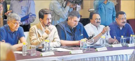 ?? PTI ?? President Anurag Thakur (second from left) and rest of the BCCI top brass could be asked to step down by the Supreme Court on Monday.