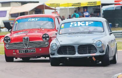  ??  ?? TIGHT STUFF. The races for SKF Pre-1966 Under Two-Litre cars should see podium chasers like Trevor Tuck (Alfa Romeo Giulia) and Alan Poulter (Volvo 122S).