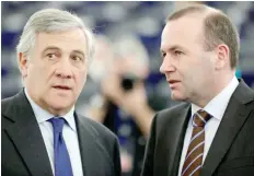  ?? — Reuters ?? European Parliament’s presidenti­al candidate Antonio Tajani (left) talks with Manfred Weber, Chairman of the EPP group, as they attend the election of the new President of the European Parliament in Strasbourg, France, on Tuesday.