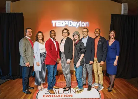  ?? BRIANNA SNYDER CONTRIBUTE­D PHOTO FROM TEDXDAYTON BY ?? The group of speakers from the TEDxDayton­Salon event that focused on education issues and ideas included, from left: Dave Melin, Shannon Cox, Donnell Wiggins, Cheryl Taylor, Steve McIntosh, Marc Scancarell­o, Dave Taylor and Jocelyn Rhynard.