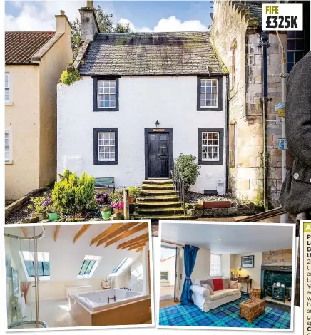  ??  ?? DRAMATIC: Young’s House, top, features in the first episode of Outlander, starring Sam Heughan, right. Inside, the main bathroom is illuminate­d by roof windows, inset left, while the double front door opens into the sitting room, right