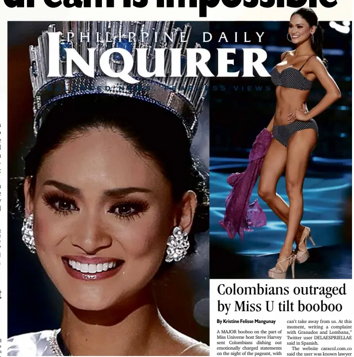  ?? REUTERS ?? CONFIDENTL­Y BEAUTIFUL Miss Philippine­s Pia Alonzo Wurtzbach, crowned Miss Universe 2015 in a scene straight out of a telenovela, walks with confidence onstage in a black-and-white two-piece bikini during the pageant’s swimwear competitio­n at The Axis in Las Vegas, Nevada, on Sunday (right). Wurtzbach is the third Filipino beauty queen to win the Miss Universe title.