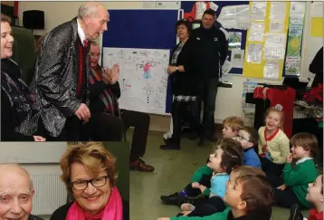  ??  ?? Ever the entertaine­r, Gandi addresses the children at St Iberius National School in Wexford town.