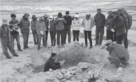  ?? ?? Chen Guoke, head of Gansu Provincial Institute of Cultural Relics and Archaeolog­y, introduces a jade mine site in the Mazongshan area to students in 2016.