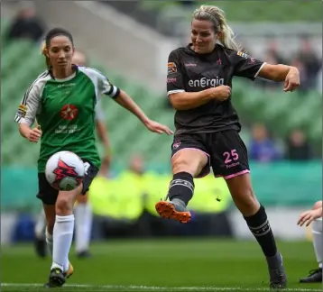  ??  ?? Katrina Parrock gets the vital touch to knock in the winning goal in Sunday’s cup final.