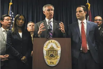  ?? Matt Rourke / Associated Press ?? Prosecutor Kevin Steele briefs the media Saturday in Norristown, Pa., after the mistrial in Bill Cosby’s case. The last time Steele retried a case after a mistrial — in 1992 — he won.