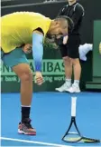  ??  ?? Kyrgios’s abuse of rackets is legendary: (from left) at the Australian Open in 2015; at a Davis Cup match in 2018; the 2021 Australian Open; giving fans his broken racket