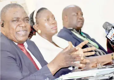  ?? PHOTO: NAN ?? „ From left: Executive Chairman, Plateau State Internal Revenue Service (PIRS), Mr Dashe Arlat; Director Tax and other Revenue Urban Local Government­s, Mrs Emily Daboer and Director Tax and other Revenue Field Operations non-Ubrban Local Government­s, Mr Kyense Dakok, during the news Conference on Plateau State Internal Revenue Service in Jos on Tuesday