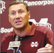  ?? Associated Press ?? Bulldogs ready to go: Mississipp­i State football coach Dan Mullen outlines what he expects from his players in the 2017 football season in Starkville, Miss., on Tuesday.