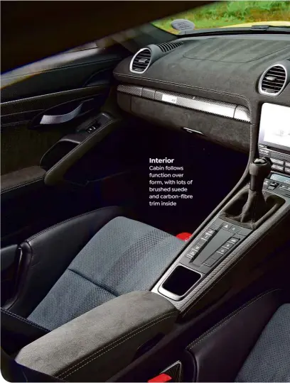  ?? ?? Interior
Cabin follows function over form, with lots of brushed suede and carbon-fibre trim inside