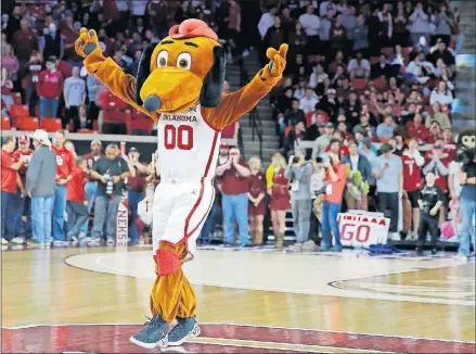  ?? [BRYAN TERRY/ THE OKLAHOMAN] ?? Oklahoma basketball mascot Top Daug takes the court before Sooners' game against KU at Lloyd Noble Center in Norman. Tuesday's game marked the return of Top Daug.