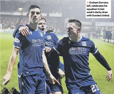  ??  ?? 1 Graham Dorrans, left, celebrates his equaliser in last week’s derby draw with Dundee United.