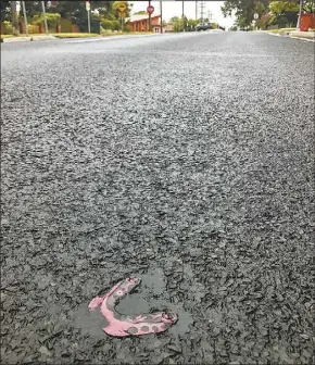  ??  ?? How hot? A mouthguard melted into the bitumen of a Dubbo street. PHOTO: DUBBO PHOTO NEWS
