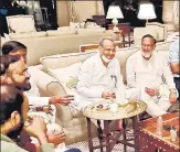  ?? HT PHOTO ?? Rajasthan chief minister Ashok Gehlot with other Congress leaders at Fairmont Hotel on the outskirts of Jaipur on Tuesday.