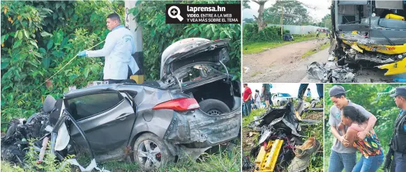  ??  ?? TRÁGICO. Las cinco personas que viajaban en el turismo perecieron de inmediato, el carro dio varias vueltas sobre la CA-13, entre las ciudades de Tela y El Progreso. Del autobús se reportaron dos personas heridas que fueron trasladada­s a centros médicos.