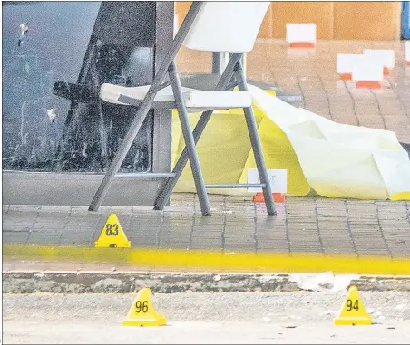  ??  ?? NIGHTMARE: A covered body lies at the scene outside El Mula Banquet Hall (below right) in Hialeah, where more than 100 rounds were fired early Sunday in what investigat­ors believe was a “targeted act of gun violence.” Two people were killed and 20 wounded.