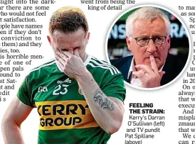  ??  ?? FEELING THE STRAIN: Kerry’s Darran O’Sullivan (left) and TV pundit Pat Spillane (above)