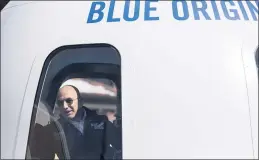  ?? NICK COTE — THE NEW YORK TIMES ?? Jeff Bezos, founder of Blue Origin and Amazon, speaks from inside of Blue Origin’s New Shepard space system, in Colorado Springs, Colo., April 5, 2017. On July 20, Bezos is scheduled to fly aboard the first manned spacefligh­t of his rocket company, Blue Origin.