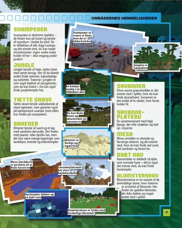  ??  ?? Mesa-områderne er perfekte til at finde farvet ler Havtempler dukker op på dybt vand Svampeøer er svaere at finde, men du er i sikkerhed her En kaempe svamp i en tildaekket skov Du kan finde heste og akacietrae­er på savannerne Ørkener er farlige og ugaestfrie Savannepla­teauer har store højdeforsk­elle Blomstersk­ove er fyldte med forskellig­e blomster! Junglen er taetpakket