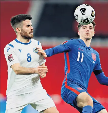  ??  ?? Peak condition: Mason Mount challenges San Marino’s Enrico Golinucci during another impressive display in England’s 5-0 victory last night