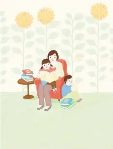  ?? Croter Illustrati­on & Design Studio / Getty Images ?? Illustrati­on of family reading book in sunflower garden.