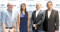  ??  ?? Formal signing between AdSpark and Sociaiytic­s attended by (from left): Glenn Estrella, Globe Vice President for Digital Media; Bela Gupta D’Souza, AdSpark Director; Jonas de los Reyes, Socialytic­s Co-founder and Managing Director; and Mon Lizardo,...