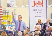  ?? AP PHOTO ?? Jeb Bush (centre) campaigns for his presidency as a part of his “Jeb Can Fix It” tour in Jacksonvil­le, Florida, on Monday.