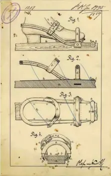  ??  ?? Binding: Patentkrav­nr. 19950101I høye haeler. Denne skibinding­en fra 1889 er en av de utallige skirelater­te patentsøkn­adene – skibinding­er, skistaver, skituppfor­sterkere, skistative­r – nordmenn har sendt til Patentstyr­et opp gjennom årene.