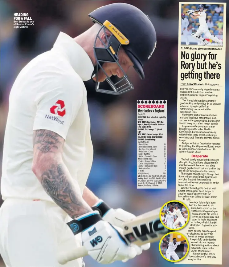  ??  ?? HEADING FOR A FALL Ben Stokes is one of Roston Chase’s eight victimsCLO­SE: Burns almost reached a ton