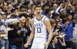  ?? BEN MCKEOWN ?? Duke’s Joey Baker (13) reacts to a play during the second half of the team’s NCAA college basketball game against Georgia State in Durham, N.C., Friday, Nov. 15, 2019.