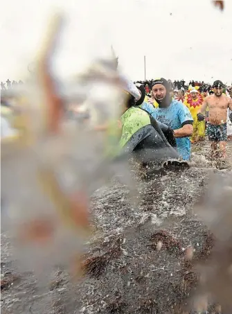  ?? ?? Pendant longtemps, la baignade des Otaries, à Saint-Gildas-de-Rhuys (Morbihan), était très f sur la presqu’île de Rhuys par l’associatio­n La tribu des Nordic de Rhuys, à Arzon. Le 1er janv de Port-Navalo.