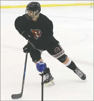  ?? NEWS PHOTO RYAN MCCRACKEN ?? Medicine Hat Tigers prospect Oasiz Wiesblatt participat­es in an on-ice training session at the team’s annual orientatio­n camp on Friday, May 24, 2019 at the Family Leisure Centre.