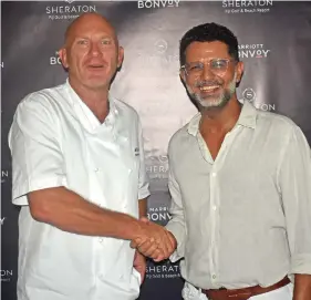  ?? Photo: Waisea Nasokia ?? Australian celebrity chef Matt Moran (left) with multi-property vice president Fiji and Samoa Marriott Internatio­nal and general manager Westin and Sheraton Resort Fiji complex, Neeraj Chadha.