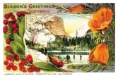  ?? Courtesy
/ Sharon Marovich ?? Christmas is abbreviate­d to the popular and shorter “Xmas” on a penny postcard (top). Visitors toyosemite’s Mirror lake stand on ice near the shoreline in a postcard with a wintry theme (above) along with poppies, a sprig from a strawberry tree, and hardy West Coast shrub. The evolution of St. Nicholas to Father Christmas and then the jolly old elf known as Santa Claus spanned several centuries. A lithograph from 1844 (left) is believed the oldest depiction of the character we recognize today, filling Christmas stockings next to a fireplace.