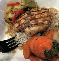  ??  ?? Honey Hoisin Chicken Breast with side vegetables was a recent “Simply 600” meal (600 or fewer calories, 600 or fewer milligrams of sodium, 20 grams or less of fat, 5 grams or less of saturated fat) at Green Leaf Grill’s second location, Green Leaf...