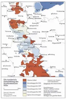  ?? FOTO: HANTSCHE ?? Die territoria­le Entwicklun­g des Kurfürsten­tums Köln auf einer Karte im „Atlas zur Geschichte des Niederrhei­ns“von Irmgard Hantsche.