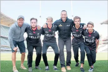  ?? PICTURE: GEOFF BRINK ?? ALL SET: Princess Charlene of Monaco’s brother Gareth Wittstock, from the Monaco Rugby Federation, and Monaco Rugby U-16 players, Nathan Tibout, Jules Peyret, Sam O’Connor and Silvio Belmonte as they donned Sharks rugby shirts yesterday with (middle)...