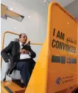  ??  ?? Careem driver Parvaiz Akhtar tests the seat belt convincer