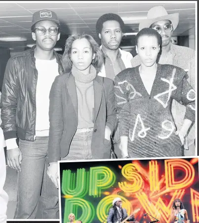  ??  ?? Chic in 1979: Bernard Edwards, Nile Rodgers, Tony Thompson, front left, Luci Martin and Alfa Anderson and right, Nile on stage at Glastonbur­y last year with singers Kimberly Davies and Folami