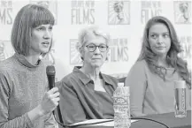  ?? Mark Lennihan / Associated Press ?? Rachel Crooks, from left, Jessica Leeds and Samantha Holvey discuss their accusation­s of sexual misconduct against Donald Trump on Monday at a news conference in New York.