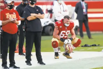  ?? Scott Strazzante / The Chronicle ?? Tackle Mike McGlinchey ( 69) said, “I’m pretty confident that other than one or two ( plays) that have happened that have been glaring, I’ve been putting together a pretty good season.”