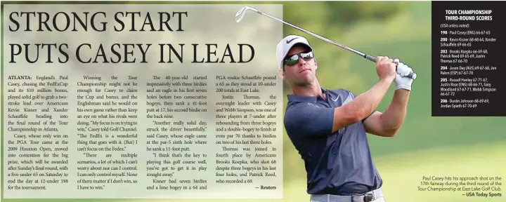  ?? — USA Today Sports ?? Paul Casey hits his approach shot on the 17th fairway during the third round of the Tour Championsh­ip at East Lake Golf Club.